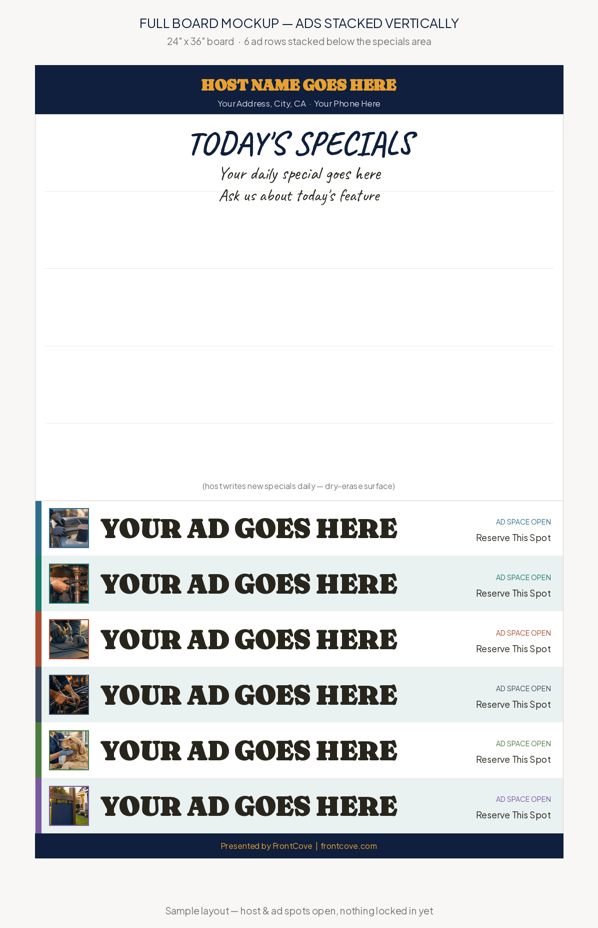 Sample FrontCove Boards layout — specials board on top, six local ad spots along the bottom